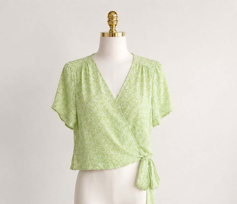 Ranya Sage Green Lush Floral Print Cropped Wrap Blouse – Short Sleeve, Size XL